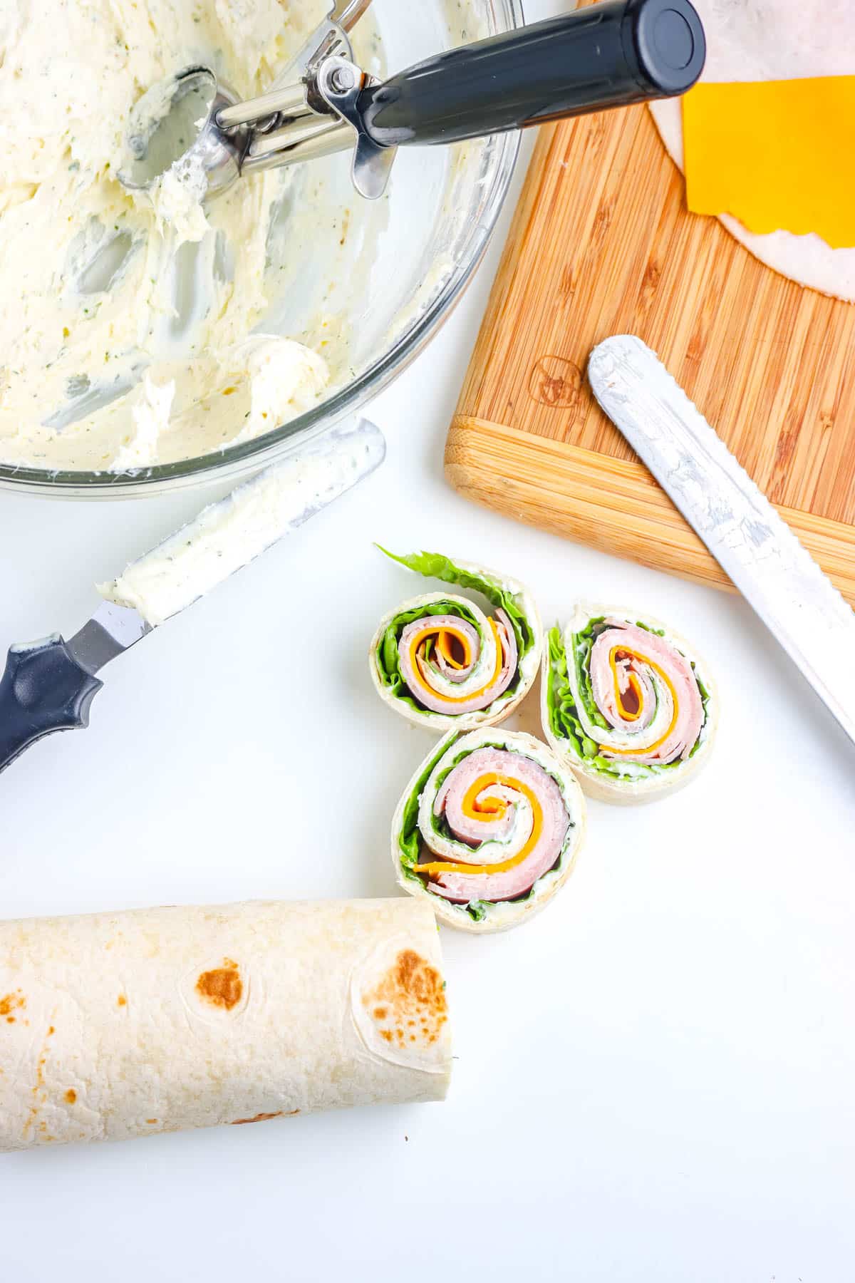 The pinwheels being sliced.