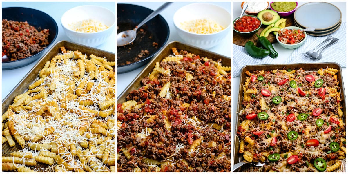 a collage showing the steps to make nacho fries by adding the shredded cheese, adding the beef, and adding the additional toppings