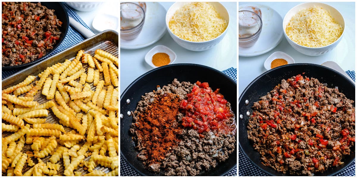 a collage showing the steps for making nacho fries by cooking the fries, browning the beef, and mixing in the salsa and seasonings