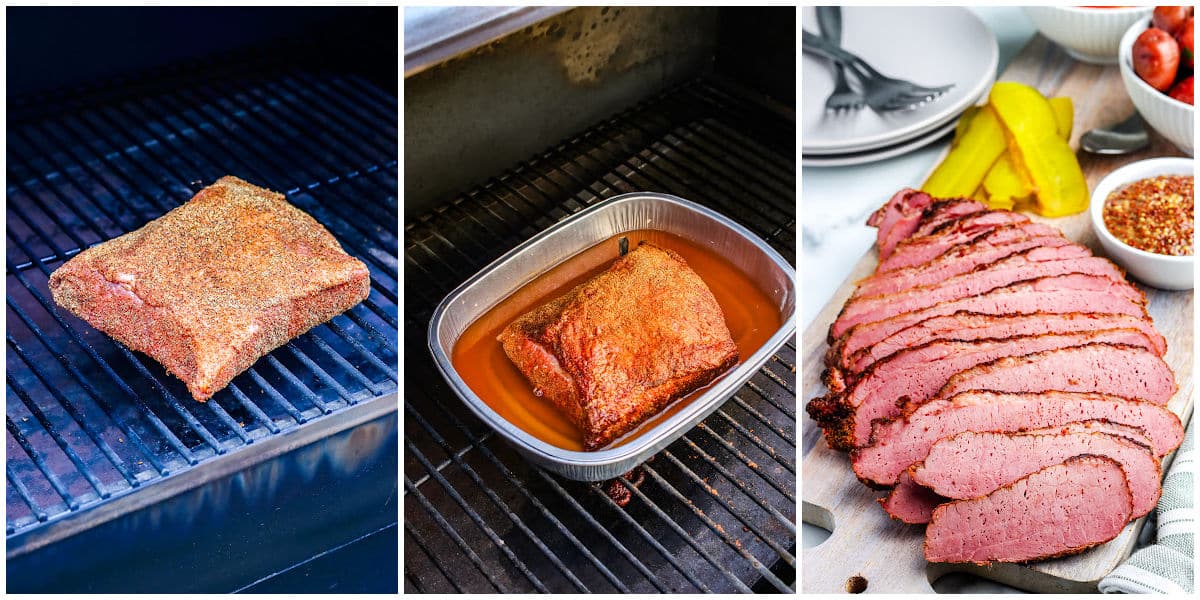 a collage showing how to make smoked corned beef by smoking it on the grill grates, putting it in a pan with broth, and slicing for serving.