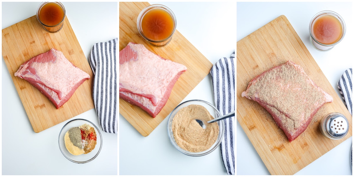 a collage showing how to make corned beef by patting it dry, mixing the seasonings, and rubbing the dry rub over the brisket