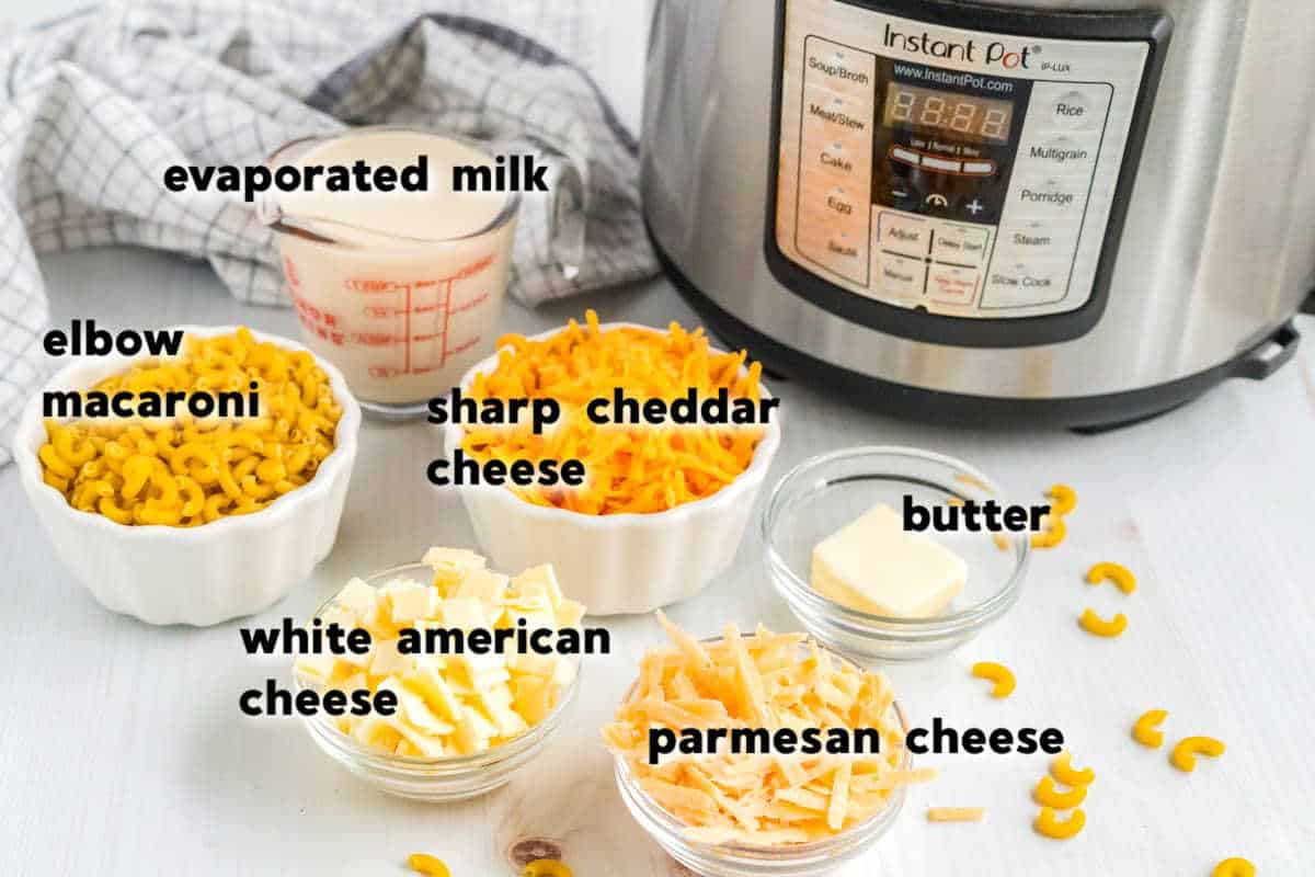 ingredients for instant pot mac and cheese with text overlay