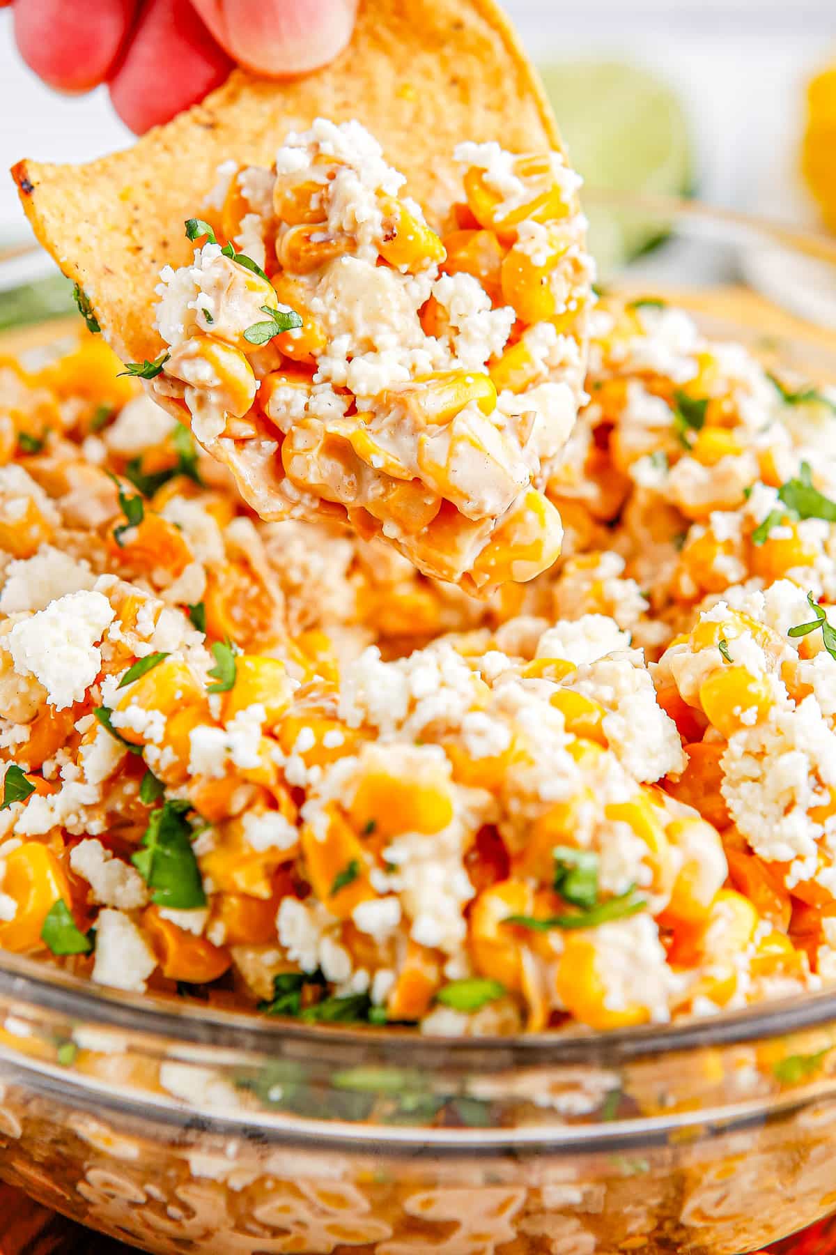 A chip picking up some Mexican Street Corn Dip. 