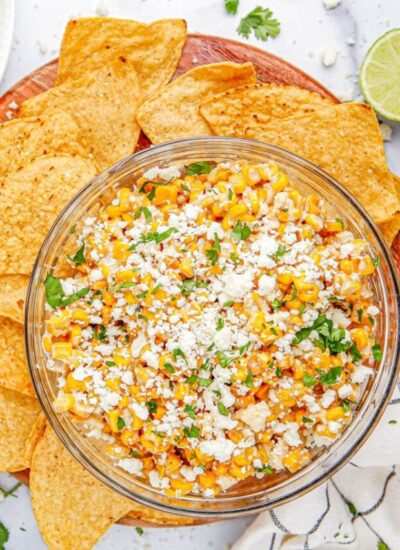 The complete corn dip on a serving platter.
