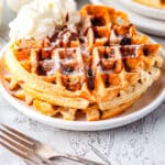 A finished Chocolate Chip Waffle on a plate.
