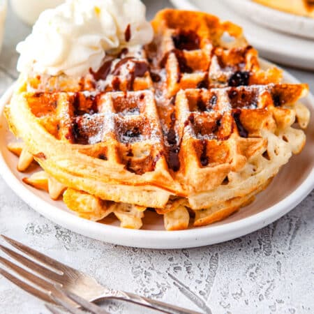 A finished Chocolate Chip Waffle on a plate.