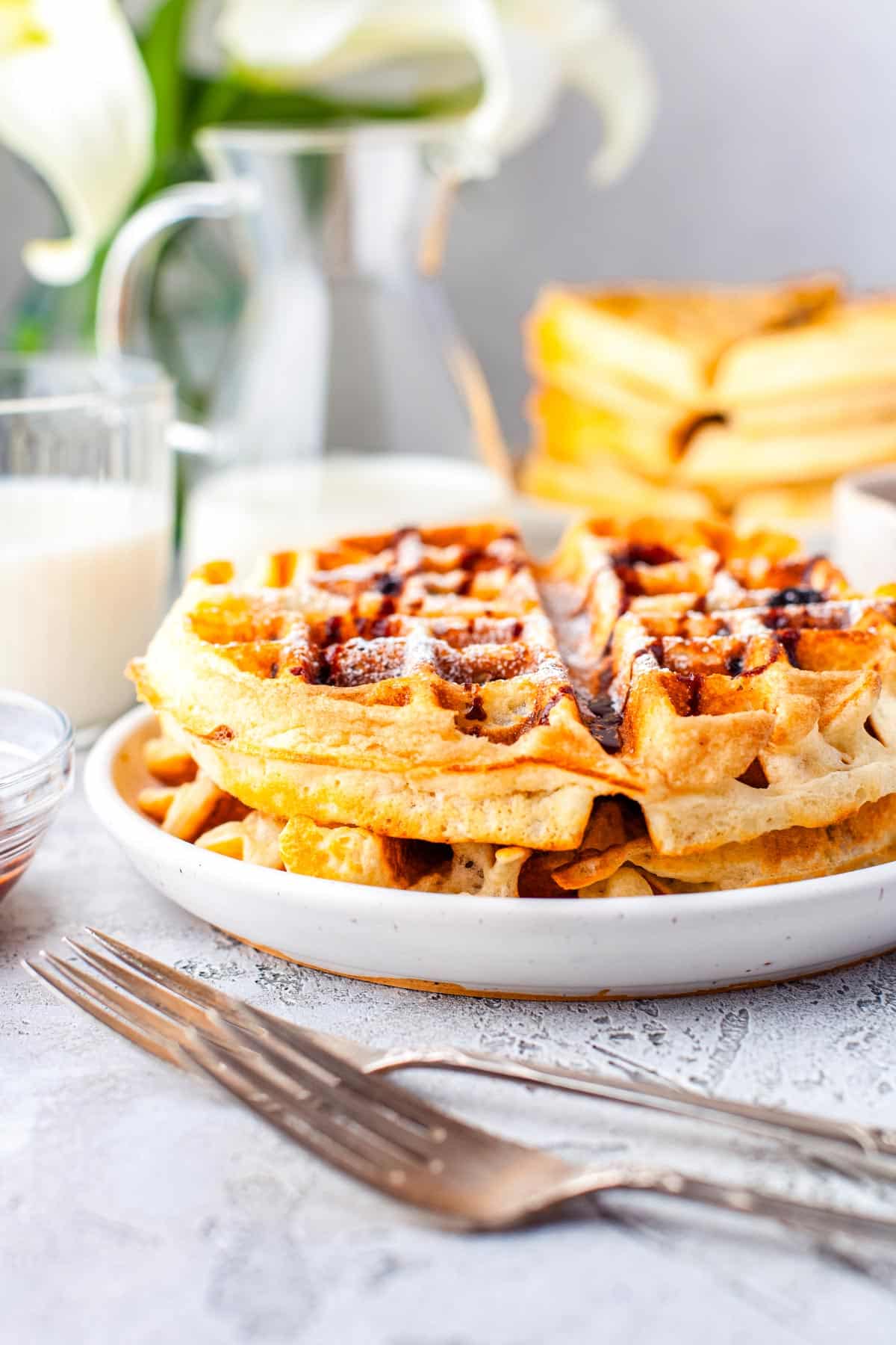 Two Chocolate Chip Waffles stacked on top of wch other on a white plate.