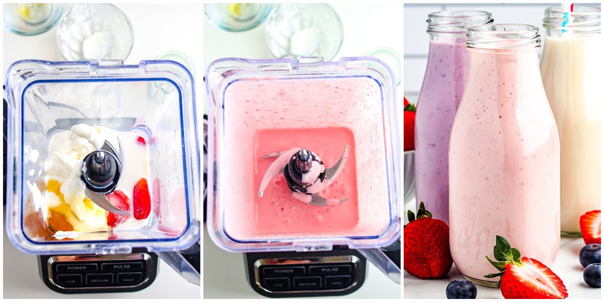 a collage showing how to make drinkable yogurt by adding ingredients to the blender, mixing the ingredients, and pouring into glasses for serving
