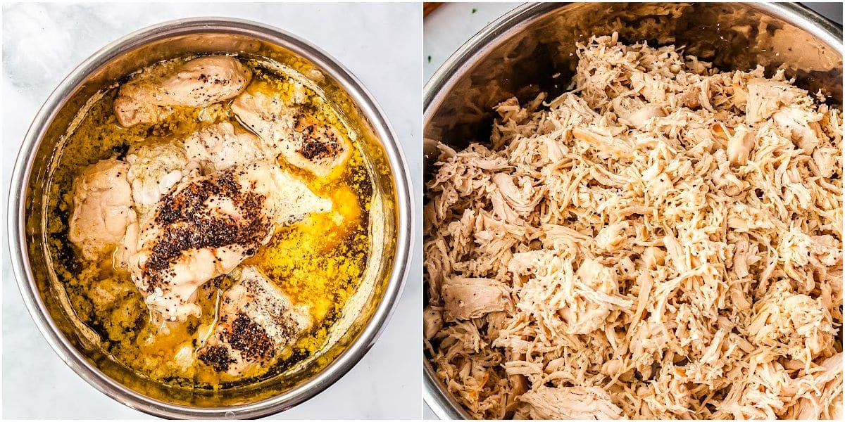a collage showing the steps to make instant pot shredded chicken