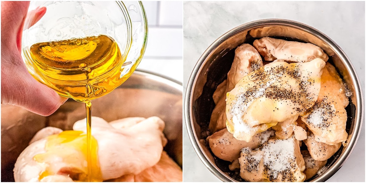 a collage of making shredded chicken by adding oil and vinegar and spices