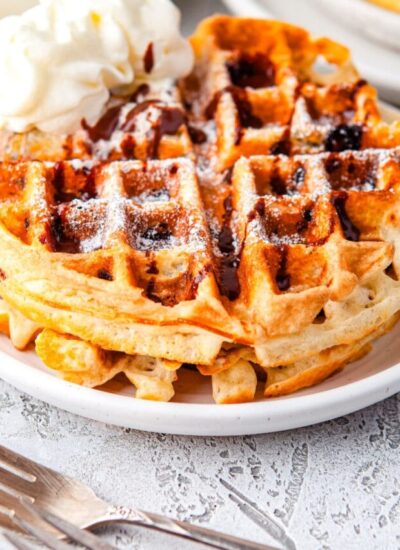 A finished Chocolate Chip Waffle on a plate.