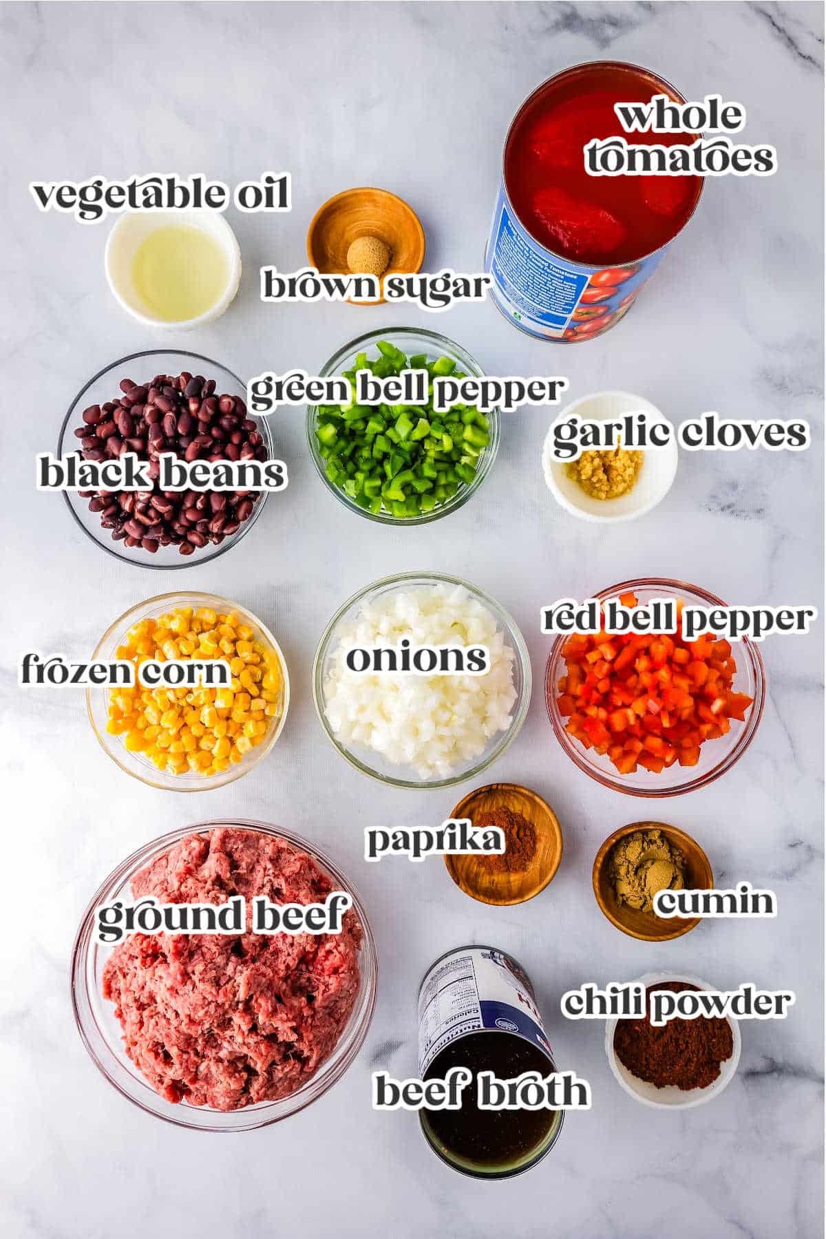 ingredients for making chili with text overlay