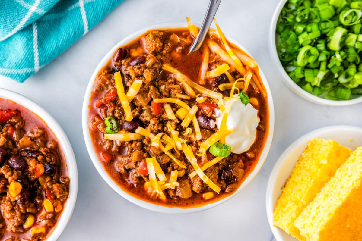 a bowl with chili and toppings