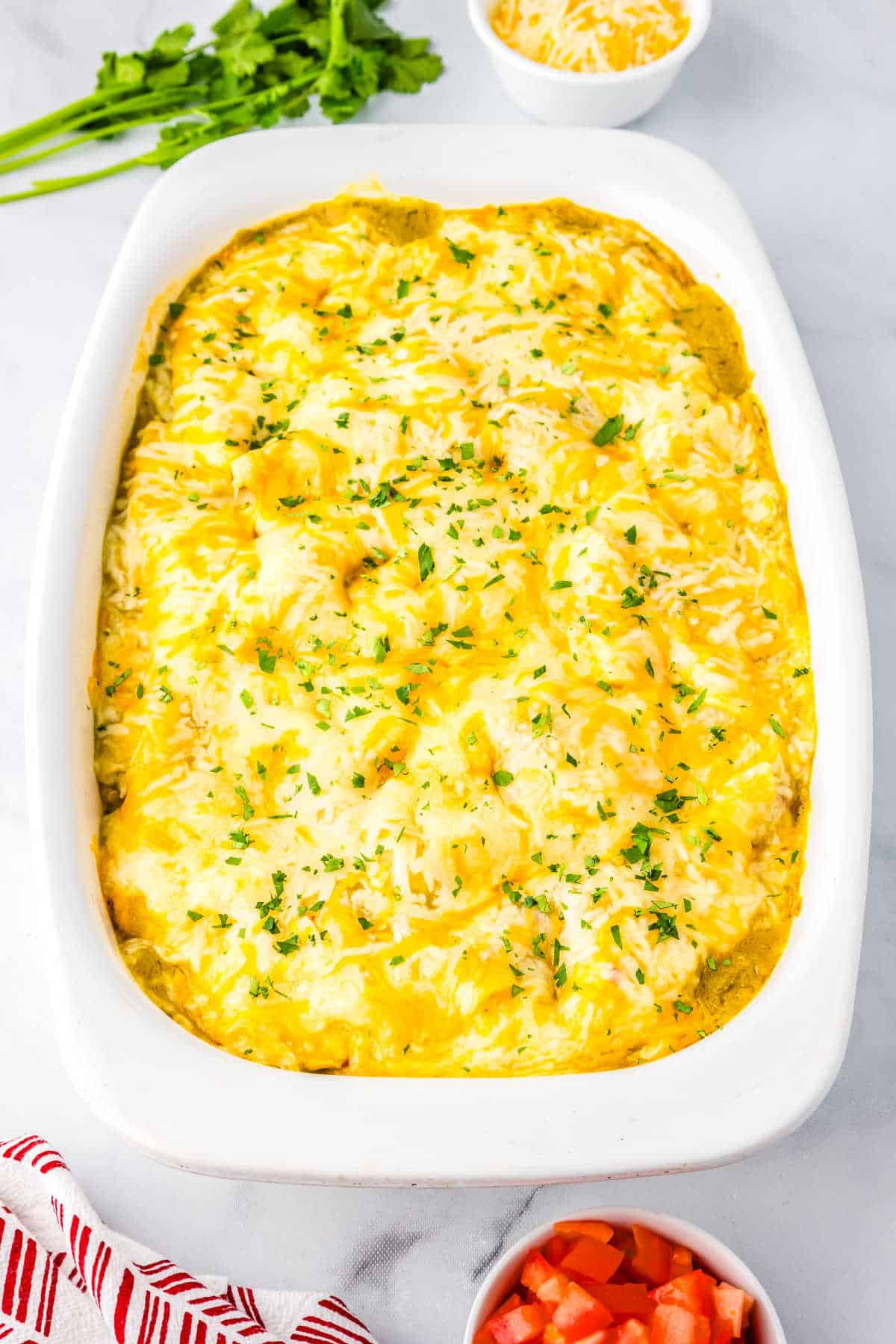 an above shot of the casserole in a white casserole dish