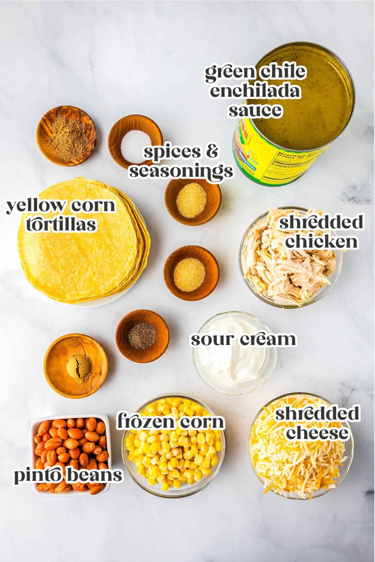 ingredients for making green chile chicken enchilada casserole with text overlay