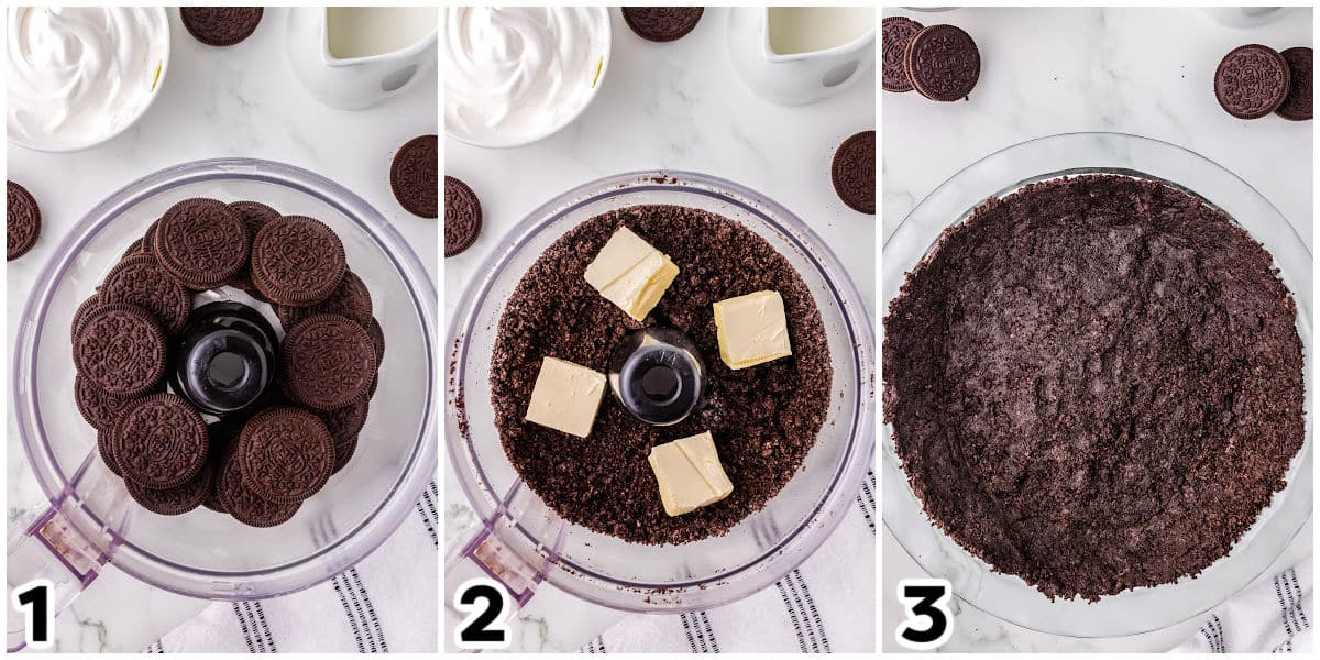 A picture collage showing how to make this recipe from adding the oreos and butter to a food processor to the finished pie crust in a pie plate.