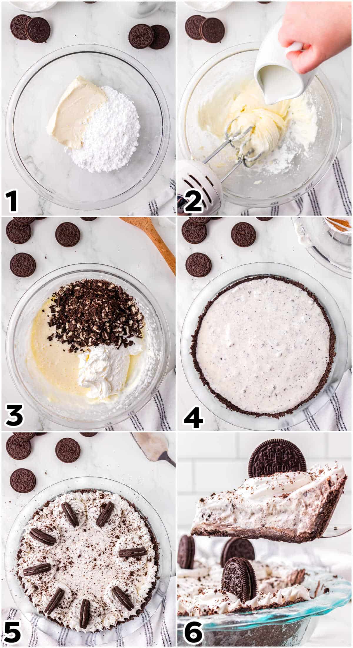 Picture collage shows how to make this pie, from making the filling, adding it to a pie crust, and garnishing it before serving.
