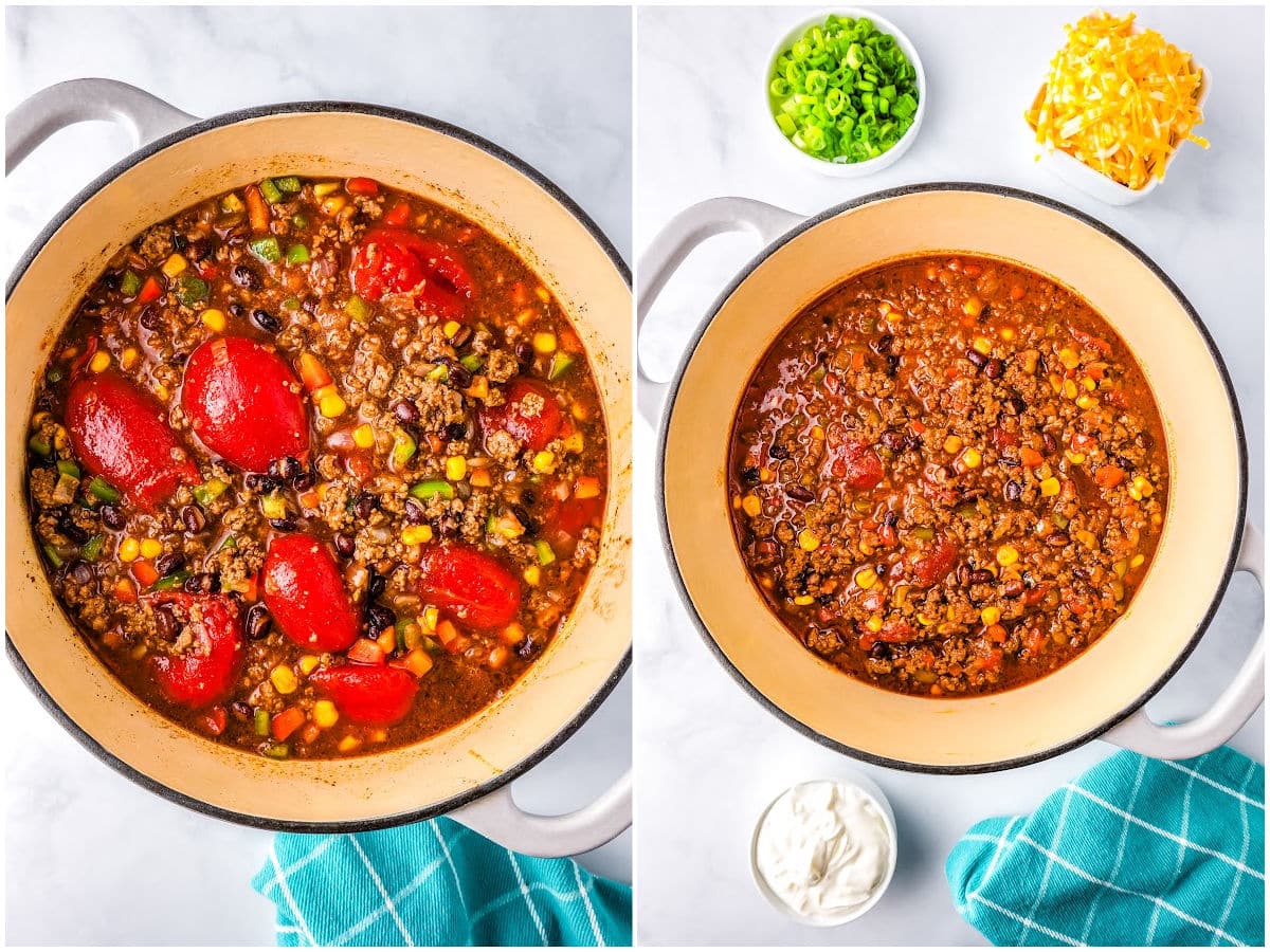 a collage showing process shots for making chili by adding the ingredients and then mixing them together