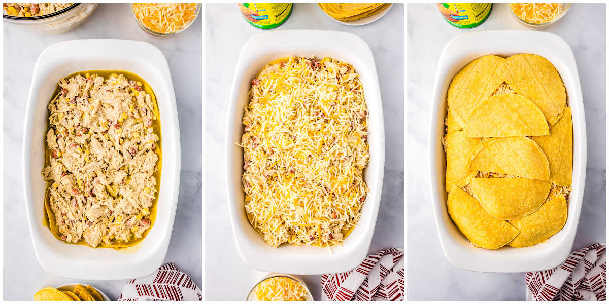 a collage showing how to make green chile chicken enchilada casserole by layering the chicken mixture, followed by sprinkling the cheese on top, and then another layer of tortillas