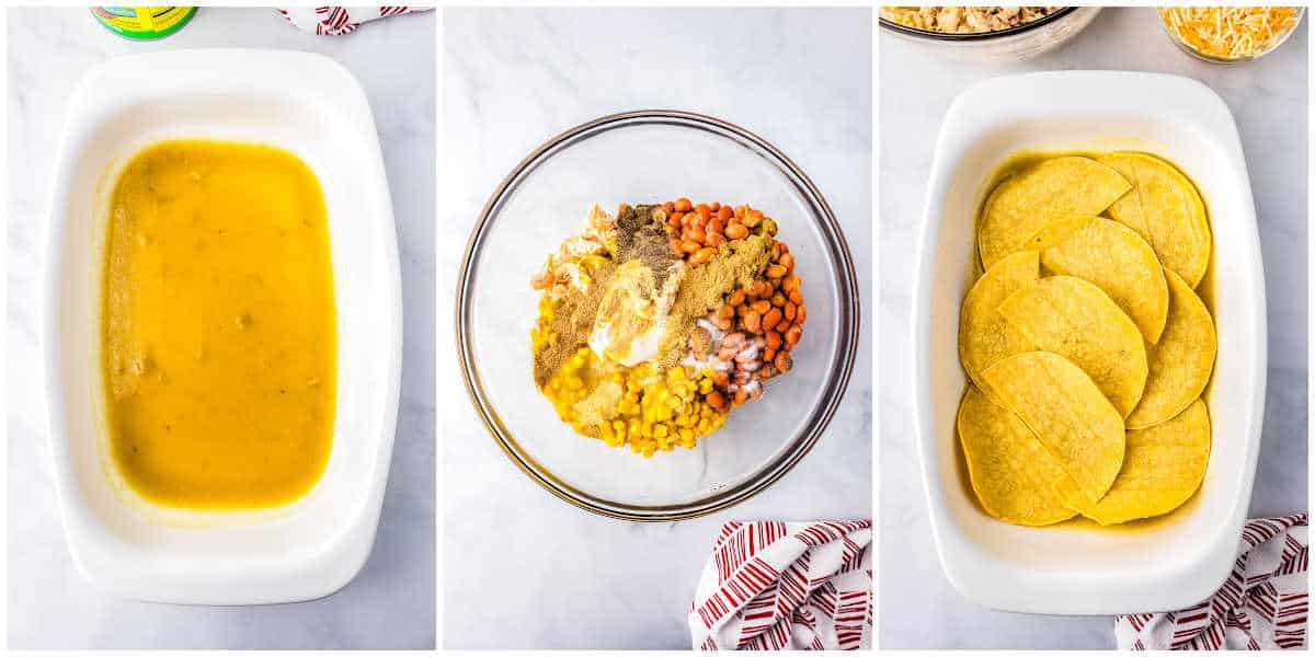 a collage showing how to make green chile enchilada casserole by spreading the sauce, mixing the chicken ingredients, and spreading tortillas on top of the sauce