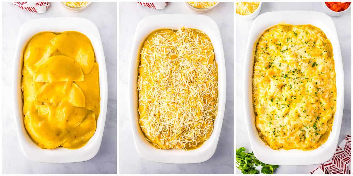 a collage showing how to make enchilada casserole by spreading enchilada sauce over the tortillas, followed by shredded cheese, and baking