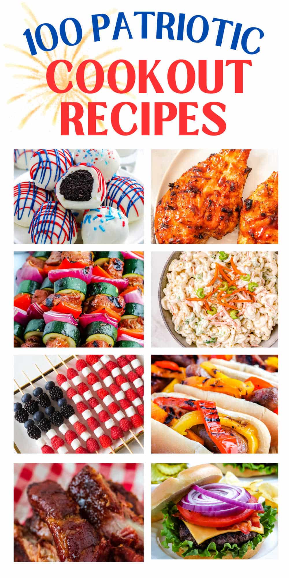 A picture collage showcasing some of the recipes in this patriotic recipes roundup.