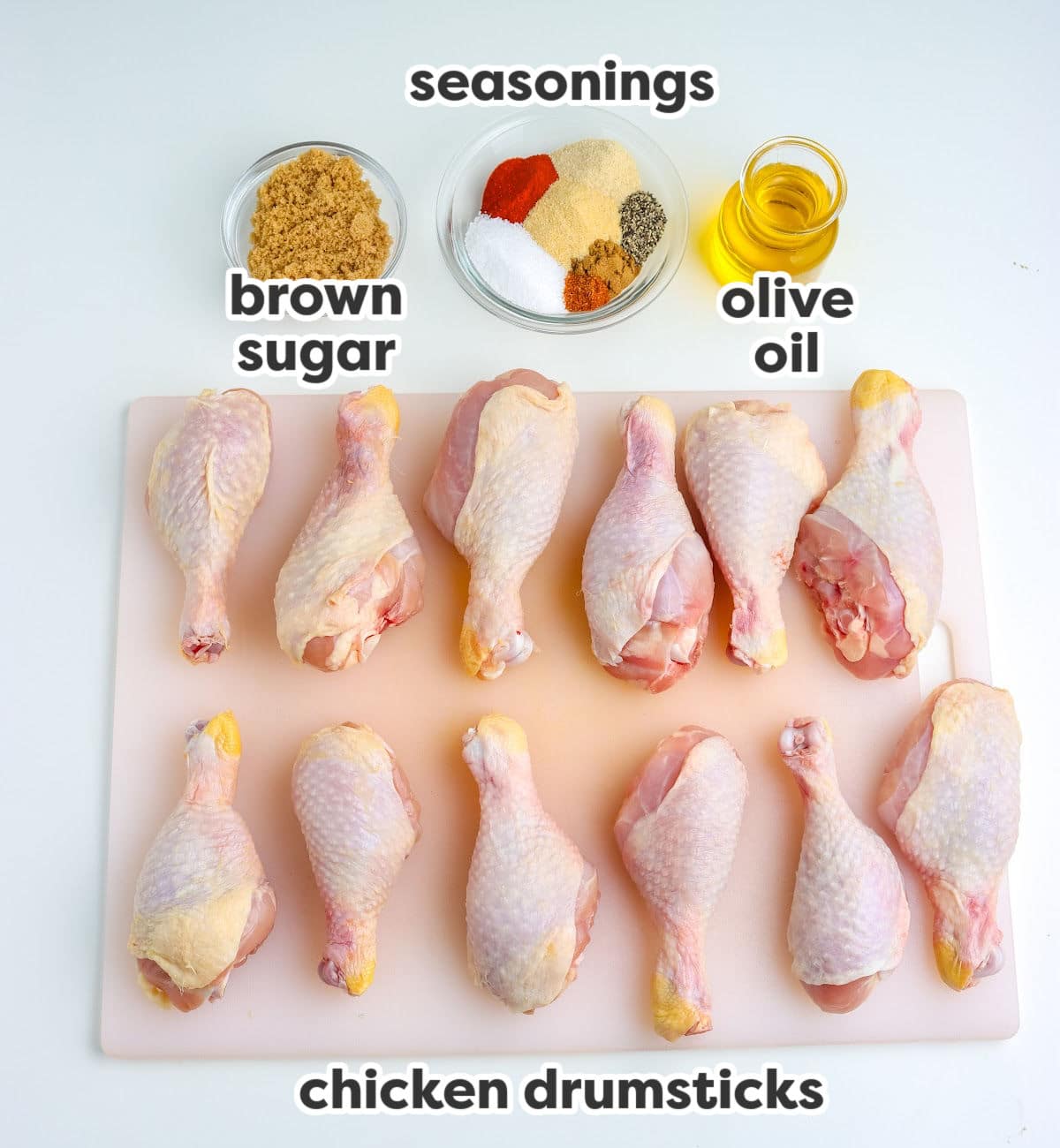 All of the ingredients for the recipe with text overlay labeling each ingredient. 