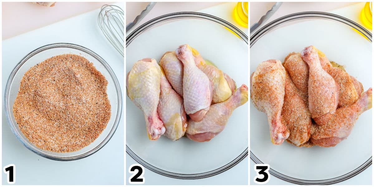 Chicken legs being coated in the rub.
