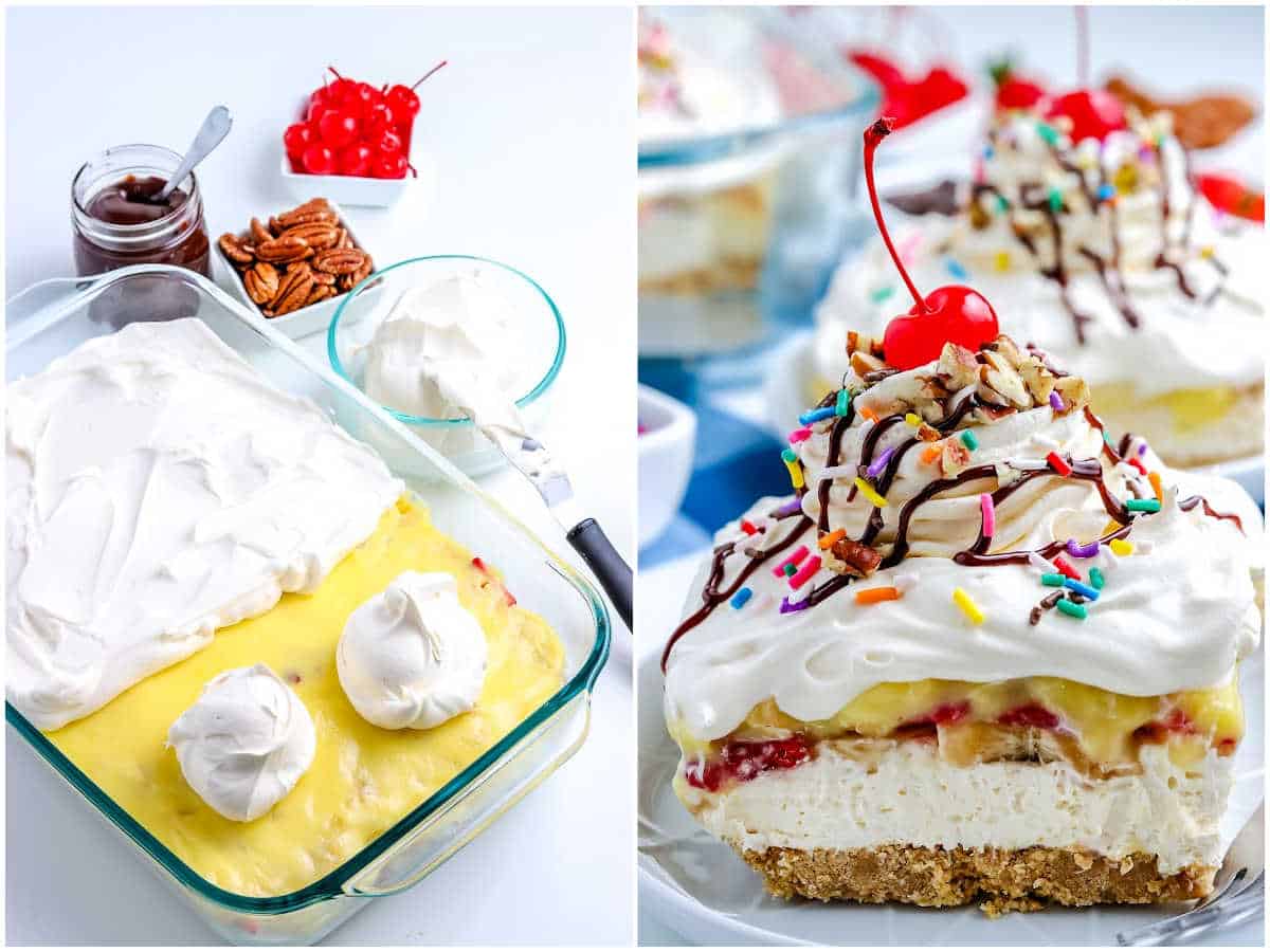 a collage showing how to make the no bake banana split cake by adding the whipped cream and optional toppings