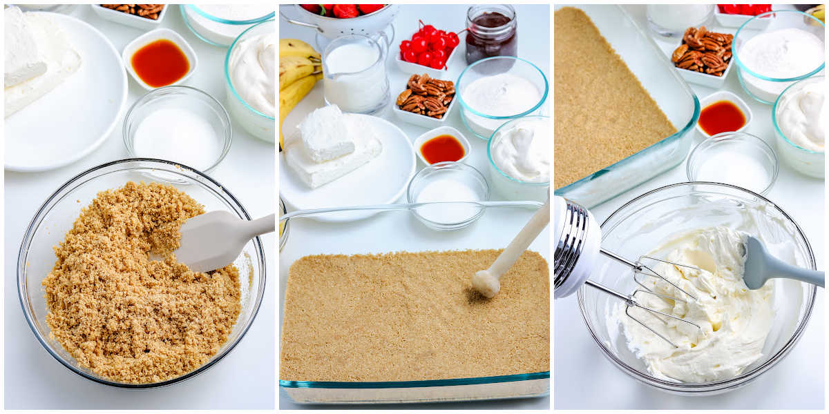 process shots in a collage for making banana split cake dessert by crushing the crumbs, pressing them in the pan, and beating the cream cheese