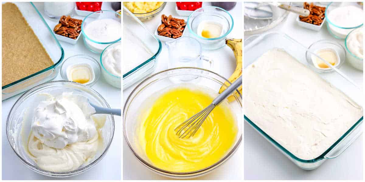 how to make no bake banana split cake process shots in a collage by folding in the whipped cream, mixing the pudding mix, and spreading the layer in the pan