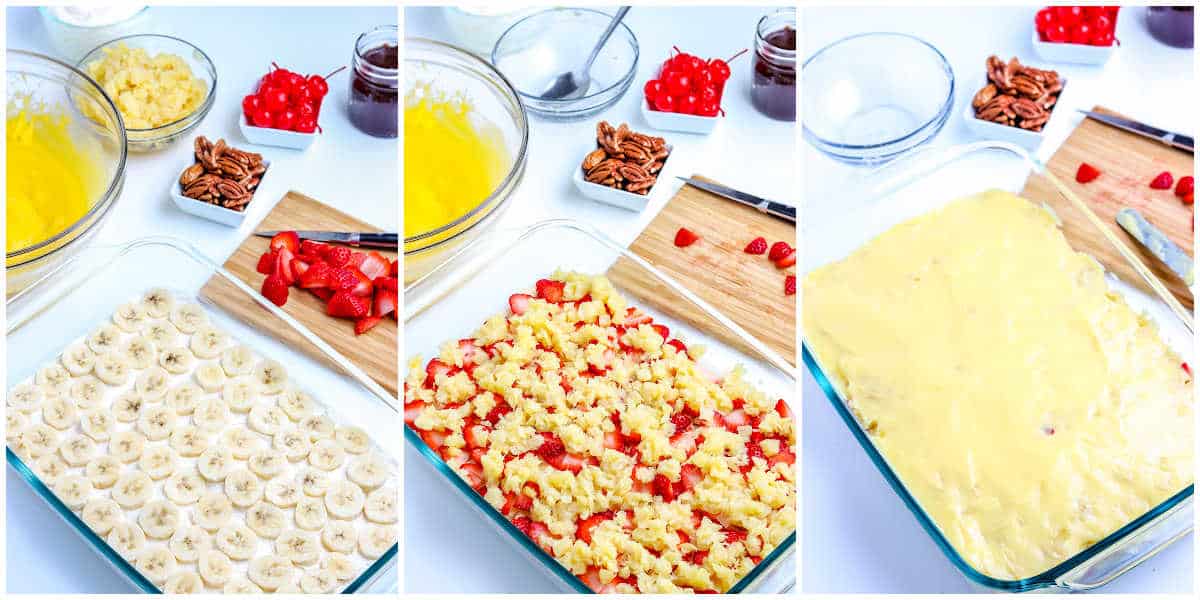 a collage showing how to make no bake banana split cake by adding each layer to the pan