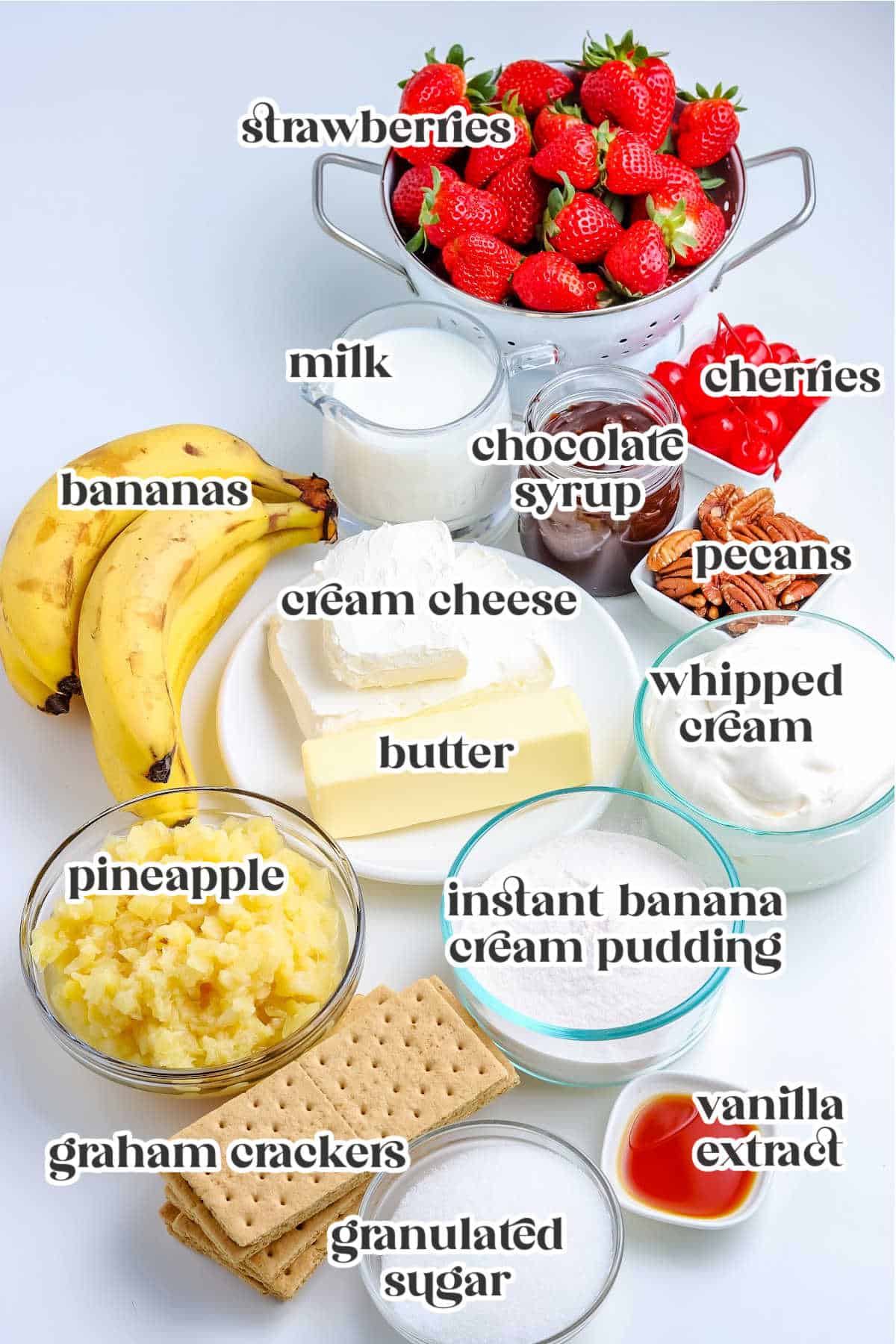 ingredients for no bake banana split cake with text overlay