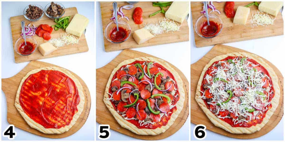 The pizza with all of the toppings on it ready for the grill.