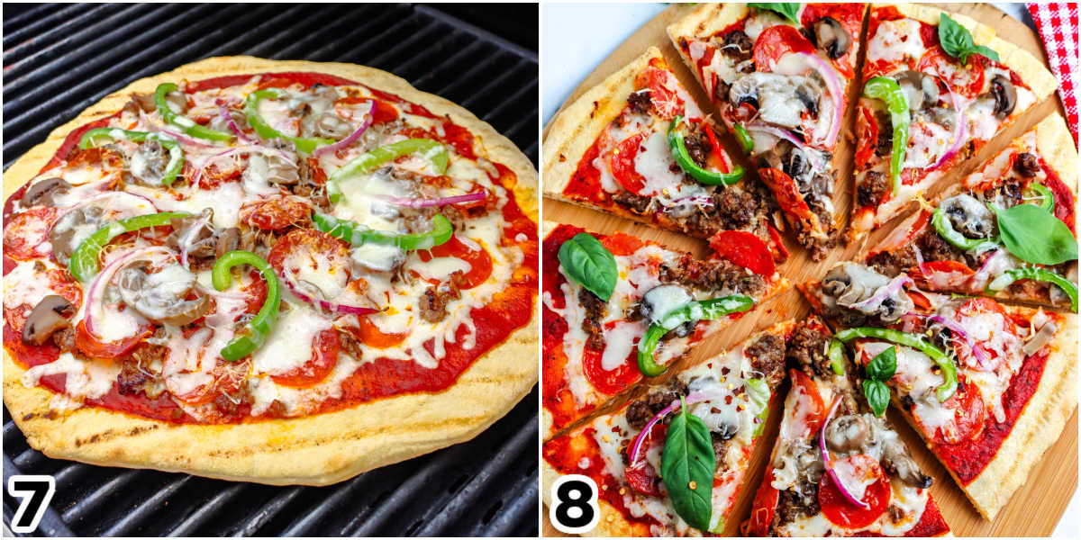 The finished pizza on a grill and then cut into slices.