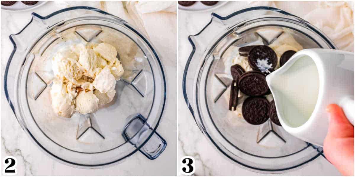 All of the milkshake ingredients added to a blender.