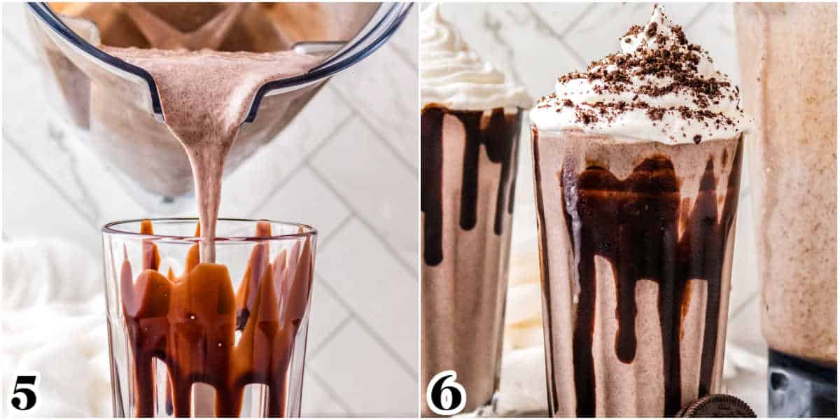 Milkshake being poured into a glass.