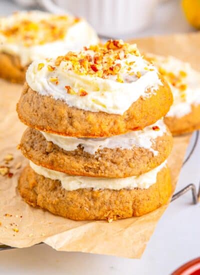 Three Banana Bread Cookies stacked on top of each other.