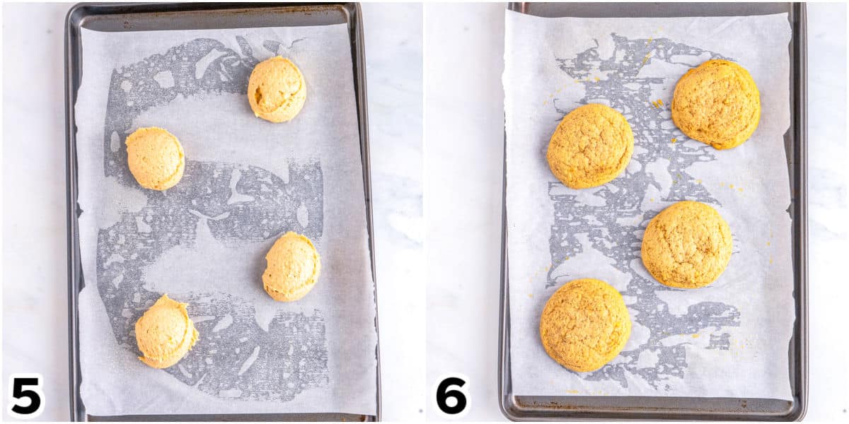 The cookie dough on a baking sheet both before and after baking.