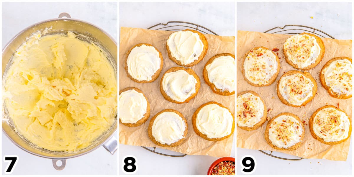 The frosting beat together and then spread on the cookies and topped with nuts.
