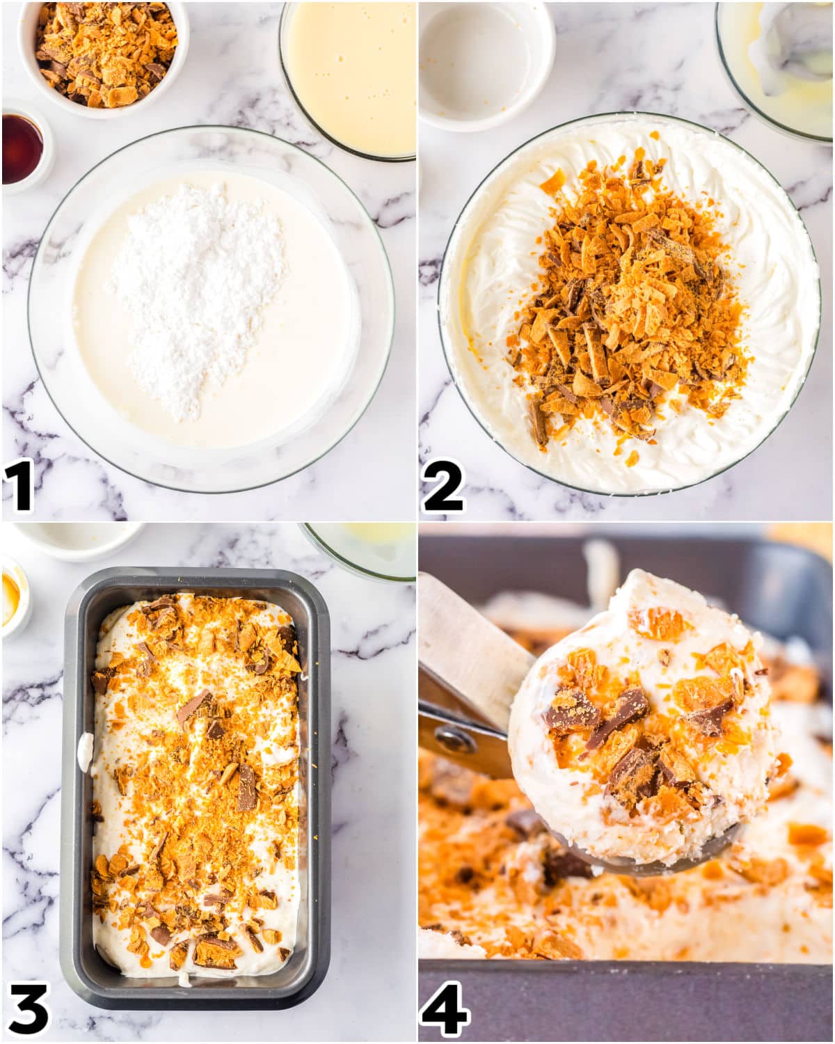 The cream whipped and then the rest of the ingredients aded and frozen until solid.