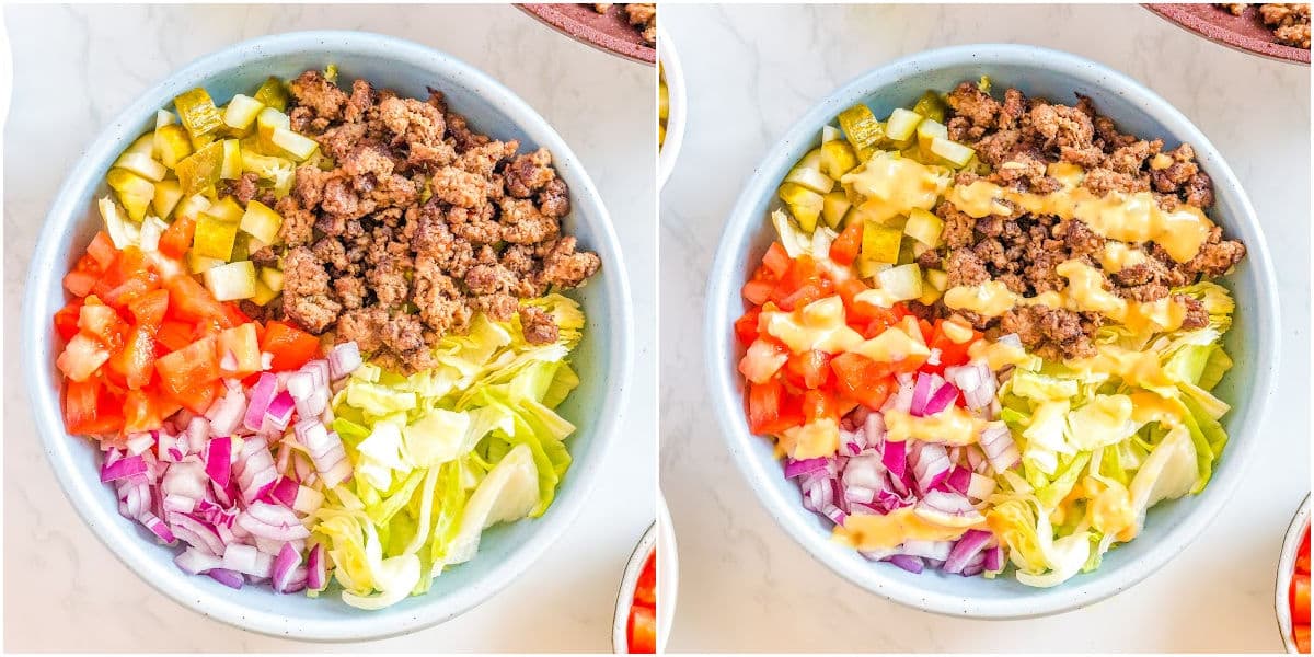 a collage of how to make burger bowls by putting the ingredients int he bowl and drizzling with the dressing