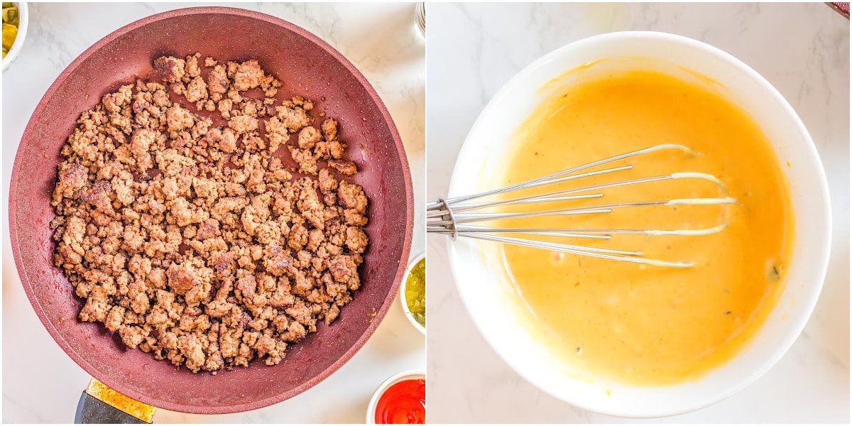 a collage of how to make burger bowls by first browning the beef and whisking together the ingredients