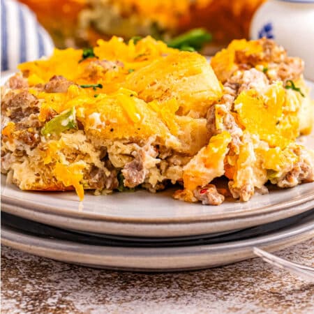 A piece of the finished casserole on a serving plate.