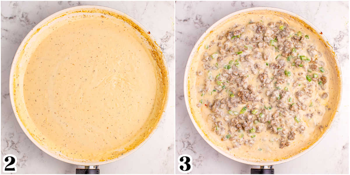 The creamy gravy with sausage and bell pepper added in.