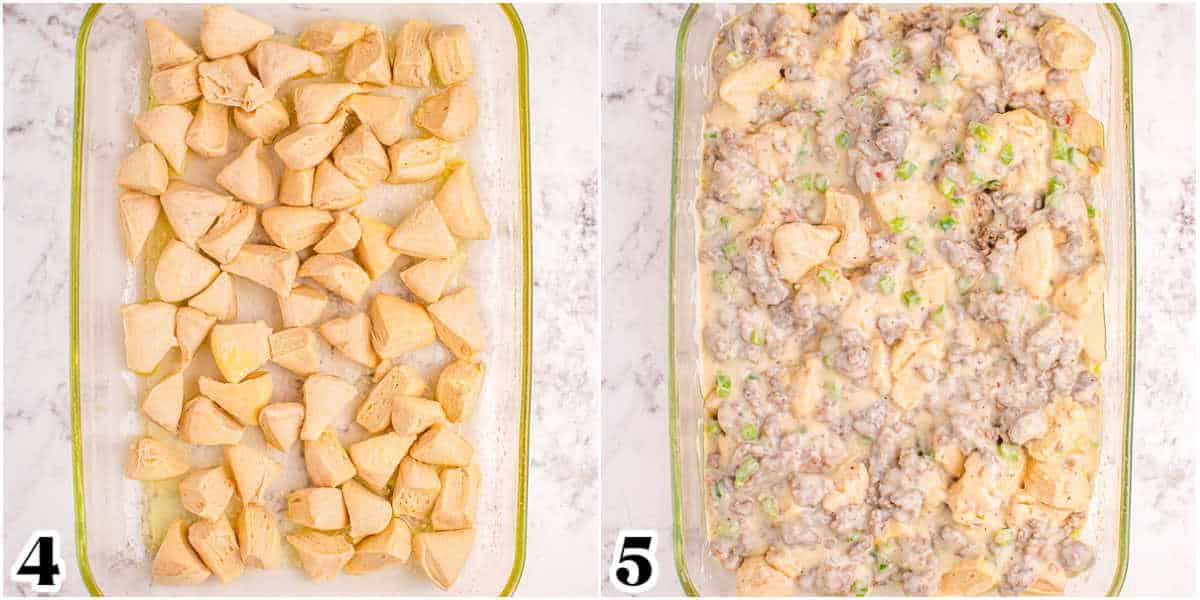 The cut up biscuits and sausage gravy in a casserole dish.