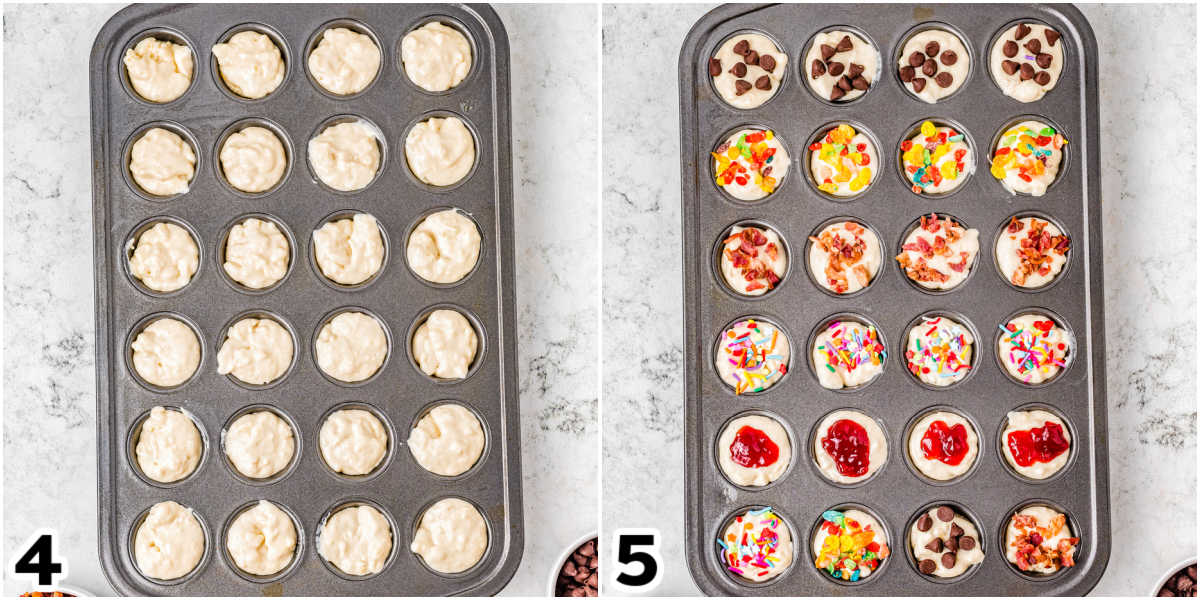 The pancake batter added to a mini muffin tin and topped with various toppings before baking.