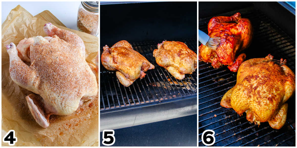The rubbed whole chicken before and after smoking.