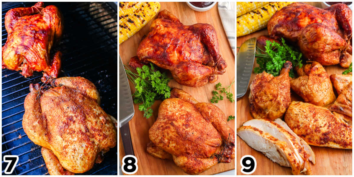 The finished chicken resting on a cutting board and then cut into pieces.