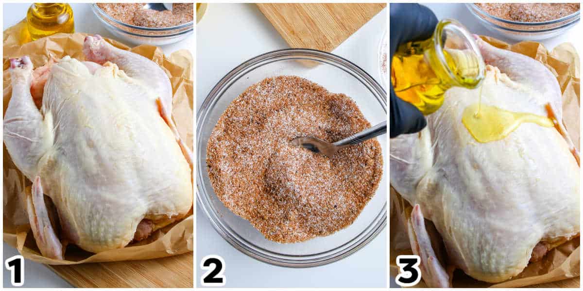 The raw whole chicken rubbed with olive oil and then the seasoning blend.